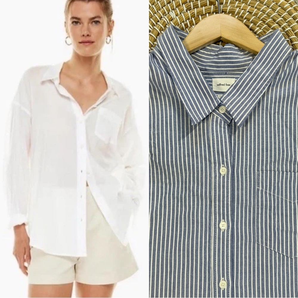 Wilfred Free Relaxed Cotton Button Front Shirt Longsleeve Striped Blue Coastal M